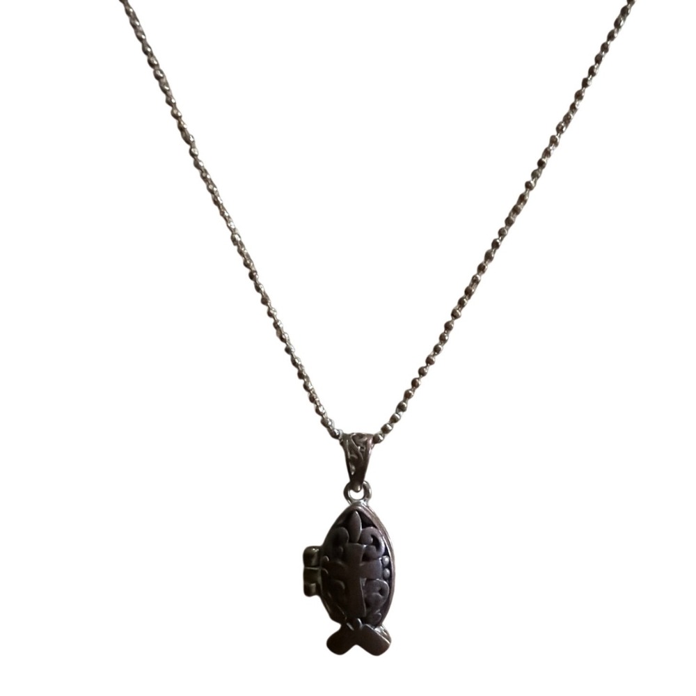 Christian Ichthys Fish Locket Necklace Silver Tone Cross Filigree Pendant